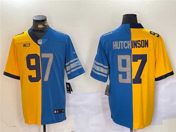 Mens Detroit Lions #97 Aidan Hutchinson Yellow Blue Split Vapor Limited Stitched Jersey Dzhi